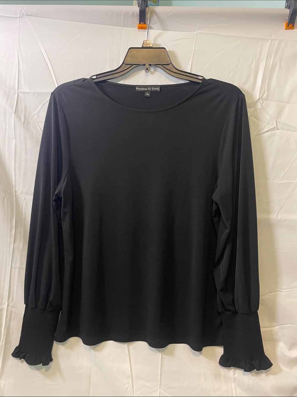 Preston & York Black Long Sleeve Top with Ruffle Smocked Cuffs